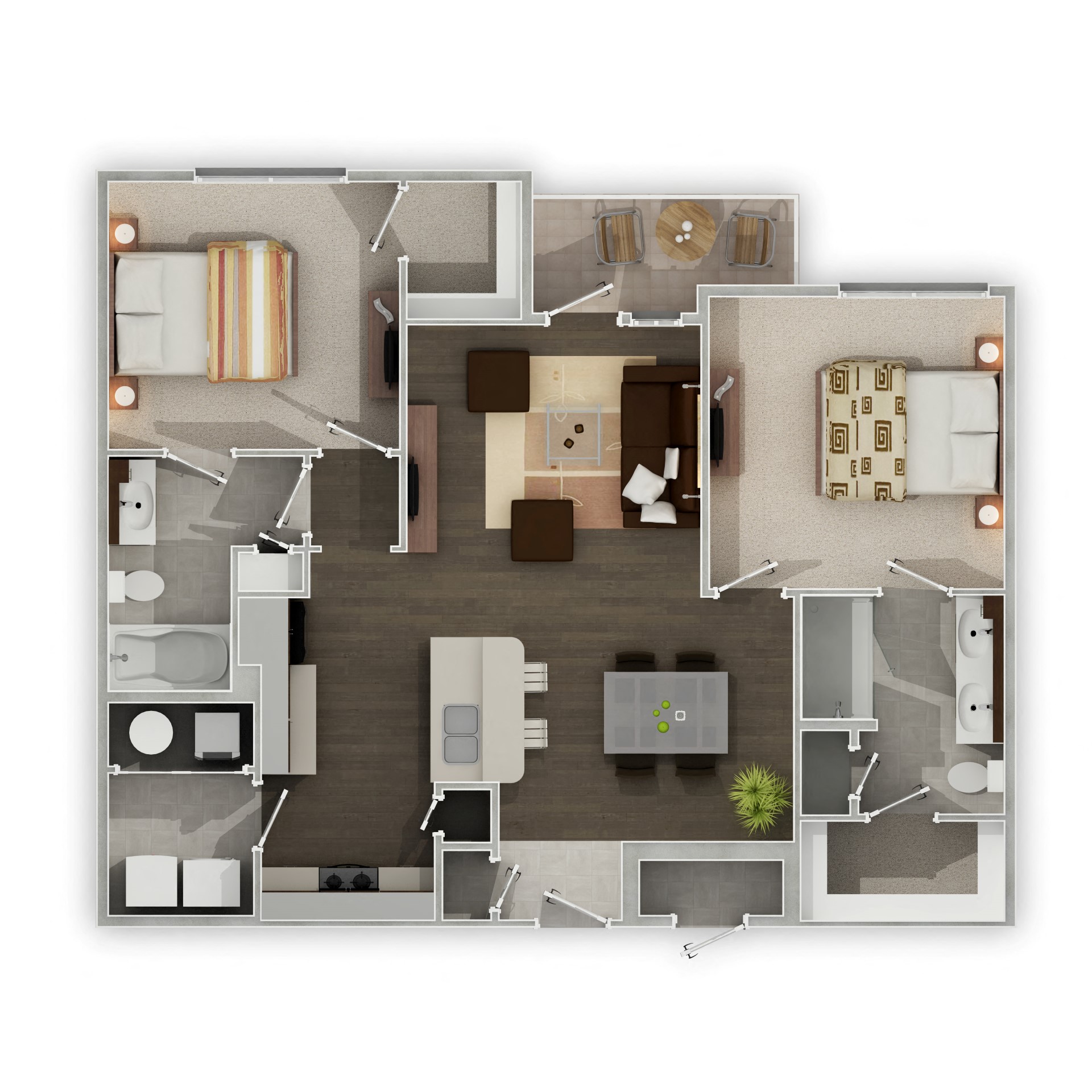 Floor plan for 2 beds, 2 baths, 1074 sqft